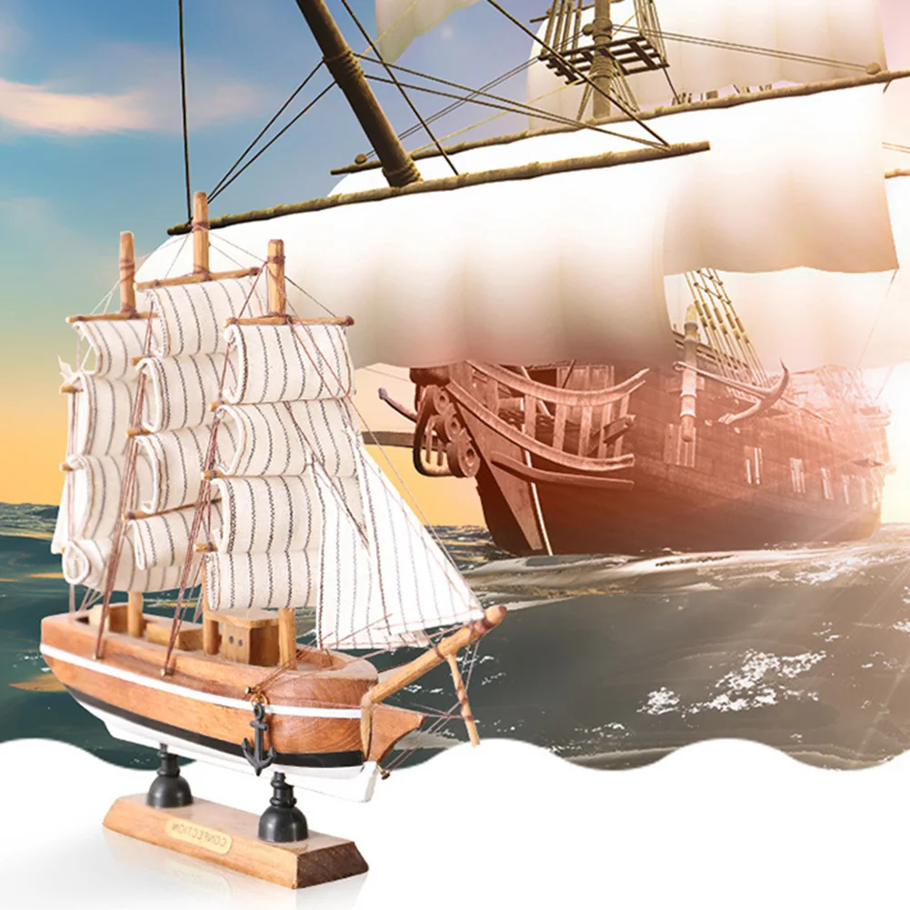 Desktop Sailboat Decoration Wood Nautical Sailing Boat Table Ornament With Light String Sailboat Model Ornament For Home Office