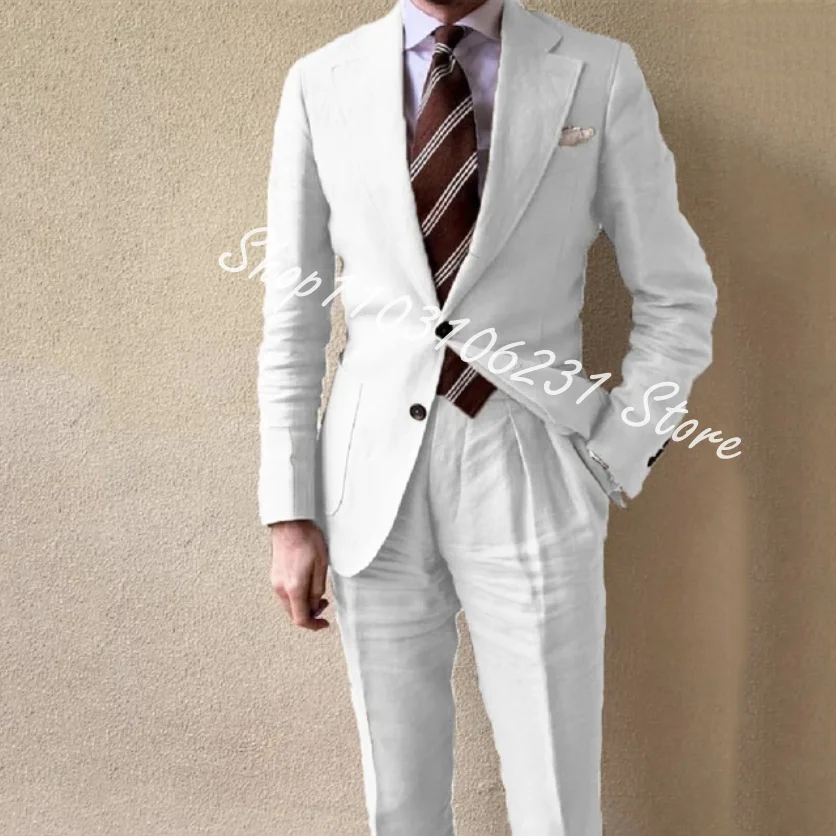 White Linen Men Suits 2-piece Elegant Groom Wedding Tuxedos Jacket Pants Customized Formal Suits Blazer Trajes De Hombre