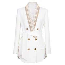 S-XXL High Quality Fashion New Style Green Fruit Neck Gold Sequin Metal Button Belt Slim Fit Long Sleeve Commuter Women Blazer