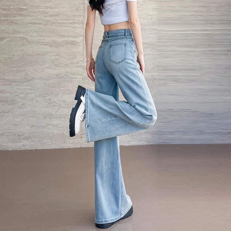 KSTUN 여성용 와이드 레그 청바지 벨 바닥 바지 여성 플레어 바지 streetwear 핫픽스 라인 석 디자이너 패치 워크 청바지 kpop