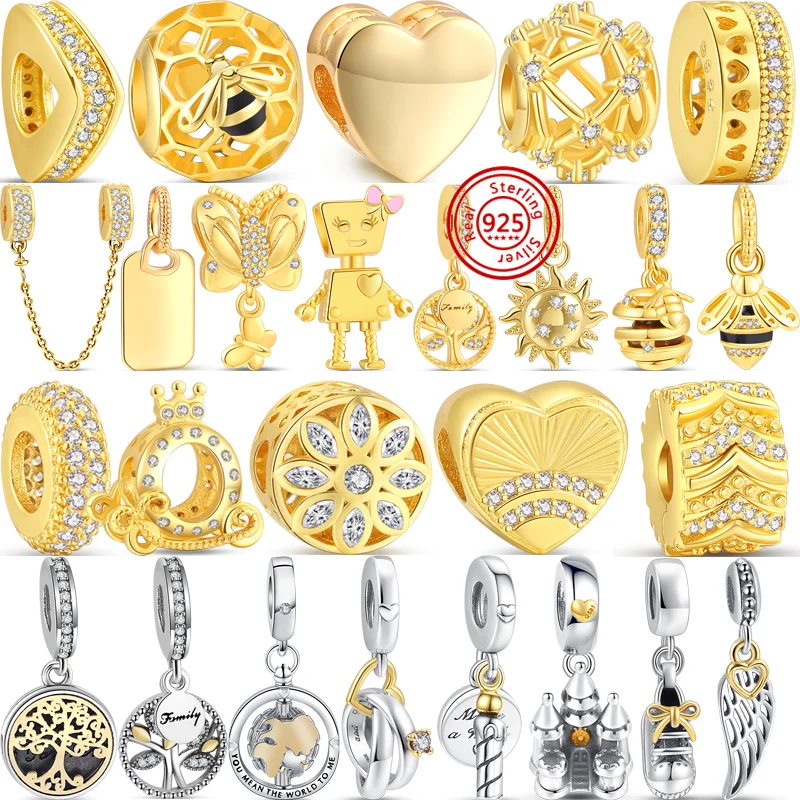 

2024 New Golden Bead House Heart Sun Crown Castle Bee Fine Charm Fit Original Pandora Charm Bracelet 925 Sterling Silver Jewelry