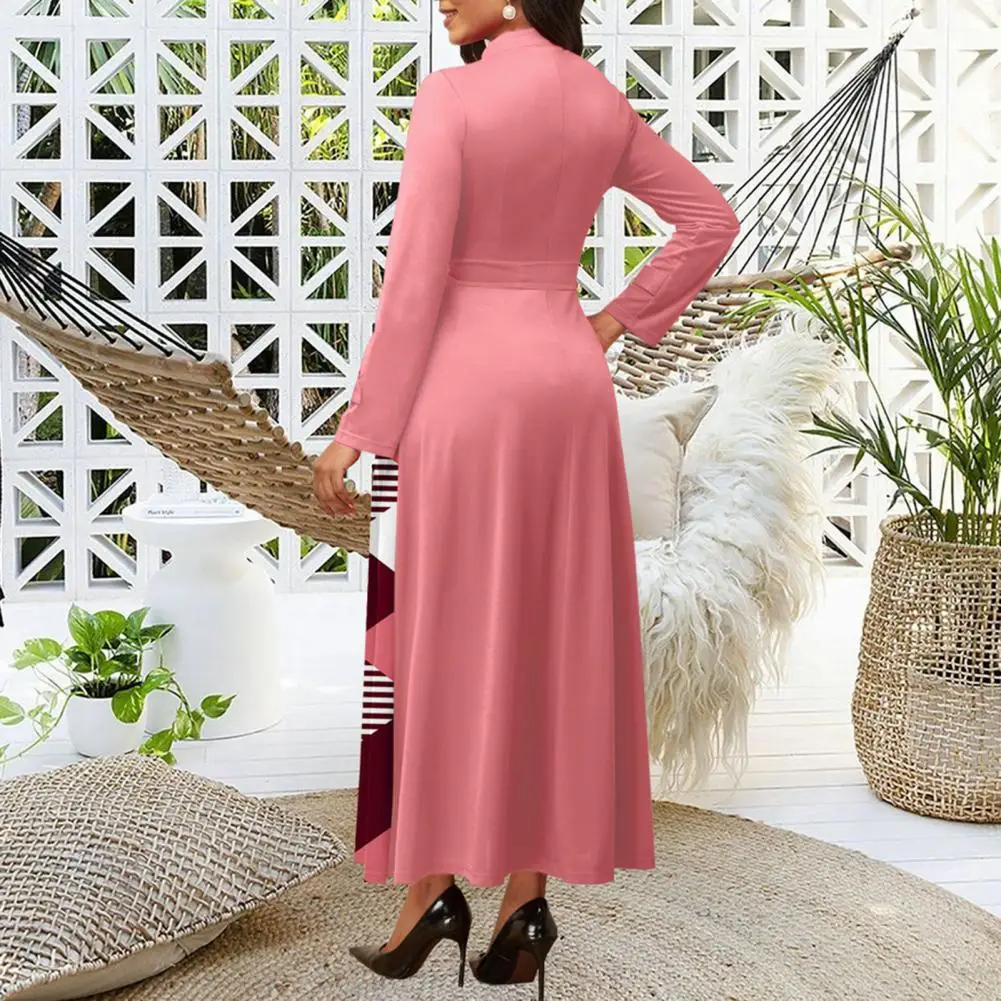

Commute Maxi Dress Geometric Print Maxi Dress with High Waist Belt Loose Hem Women's Long Sleeve A-line Formal Commute Dress