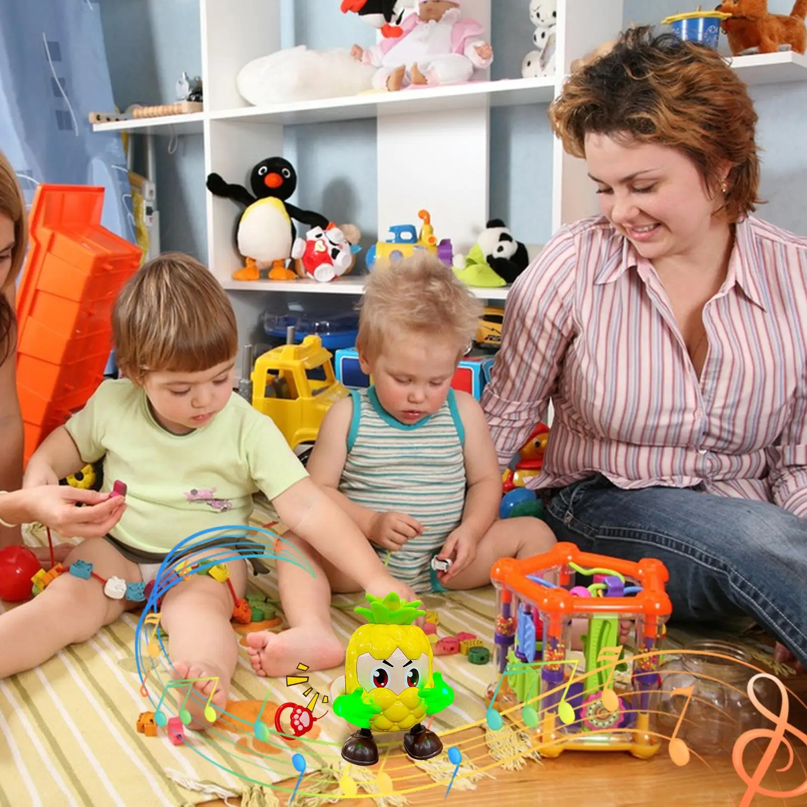 어린이를 위한 춤추는 로봇 과일 인터랙티브 로봇 유치원 생일 소년 소녀 파티를 위한 조명과 소리가 있는 인터랙티브 장난감