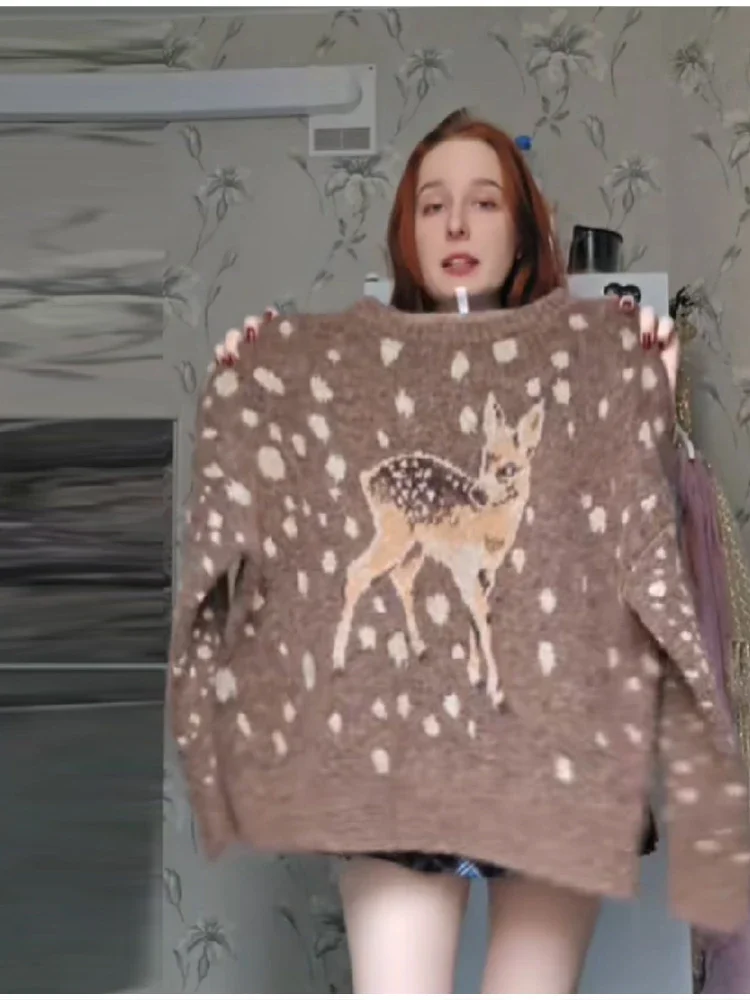 Mode Braun Hirsch muster Dot Gestrickte Pullover Beiläufige Lose O Hals Volle Hülse Lose TOP 2025, NEUE Herbst Dame Pendeln Oberbekleidung – Detail 6