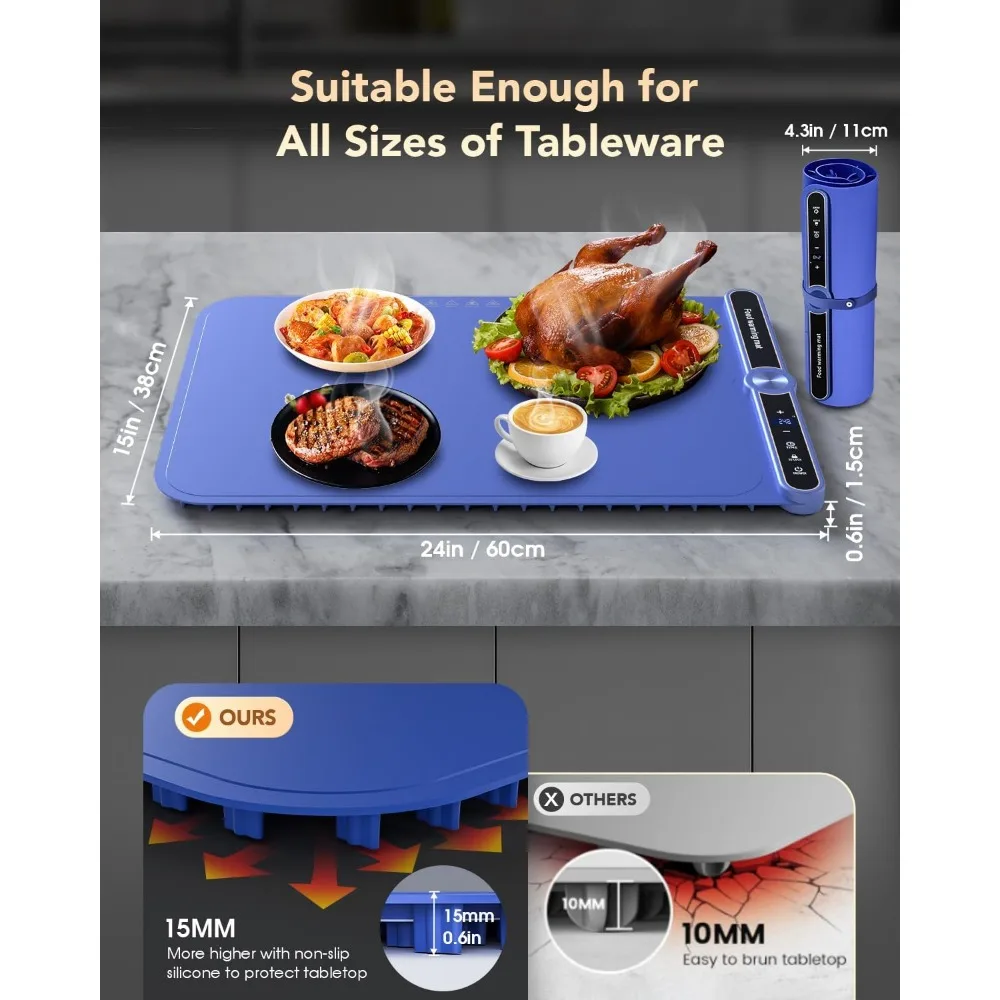 Warming Mat for Food, Electric Warming Tray with 9 Level Adjustable Temperature & 6 Hours Timer,Foldable Portable Food Warmer 6