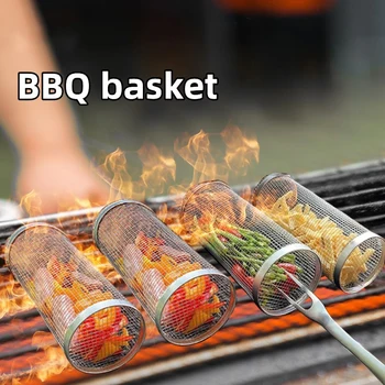 New Rolling Grilling BBQ Basket Stainless Steel Leakproof Mesh Barbecue Rack Outdoor Picnic Camping Simple Cylindrical BBQ Grill 3