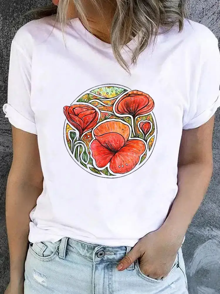 Flower Sweet Trend Cute 90s T-shirt Ladies Fashion Basic Women Graphic Short Sleeve Clothing Tee Top Clothes Print T Shirt