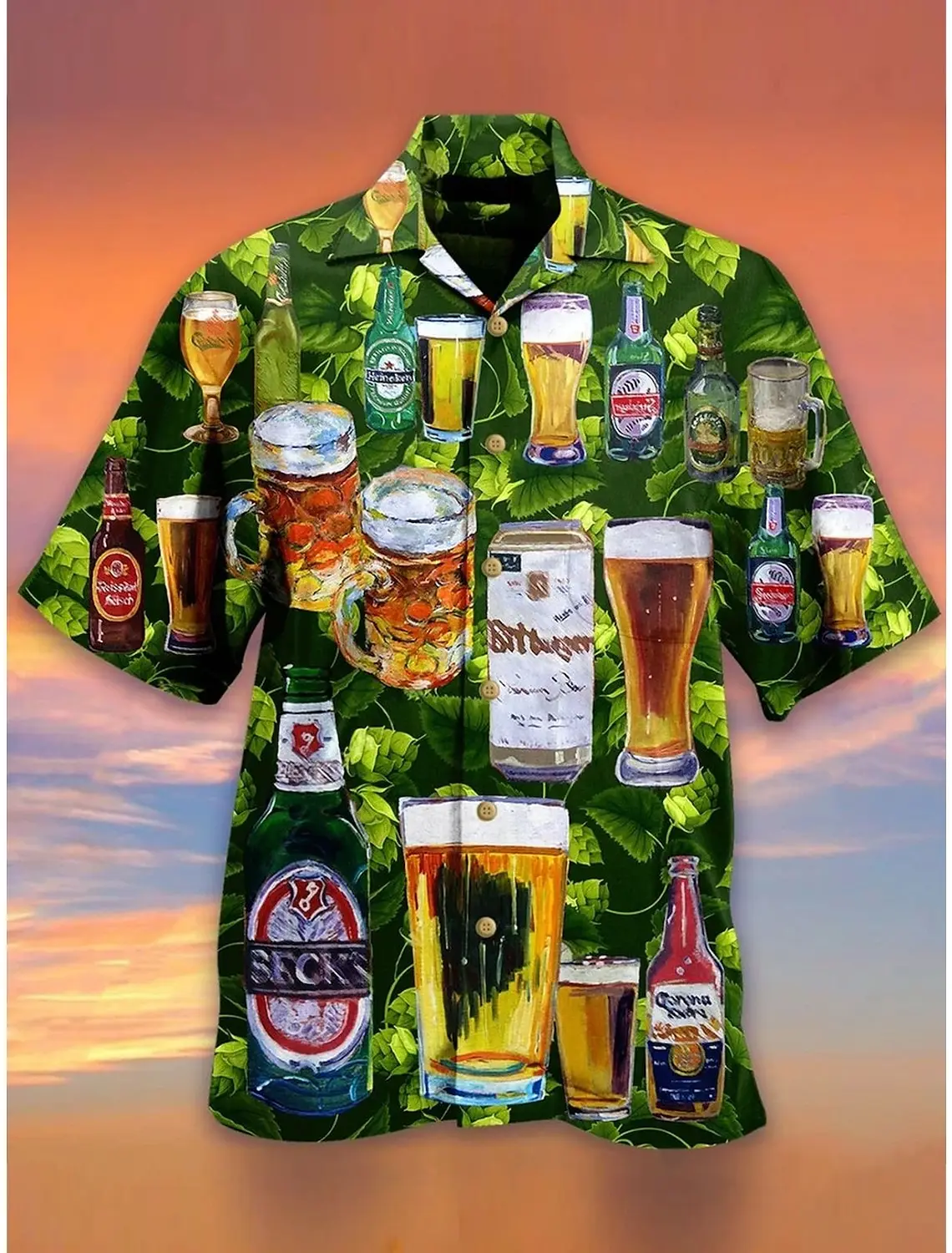 thumbnail image 1 of Camisa de hombre Camisa hawaiana de verano Estampados gráficos Cerveza Vuelta hacia abajo Casual Manga corta Estampado Botones Ropa Ropa Tropical, 1 of 5