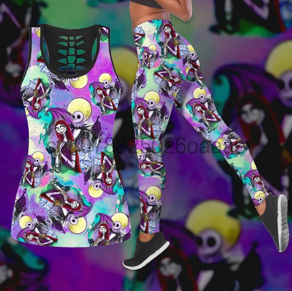 2024 Disney The Nightmare Before Christmas Jack Skellington Sally Womens Hollow Tank Top Leggings Yoga Set Leggings Fitness