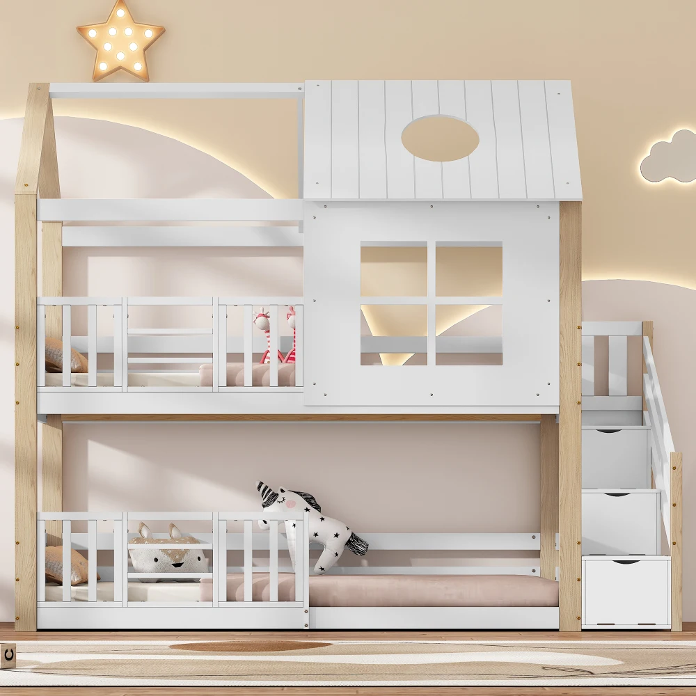 90 x 200 cm großes Etagenbett aus Kiefernholz und MDF – mit Stauraumtreppe, Fallschirmgitter, Fenster- und Dachdesign, weiß und natürliches Finish für Schlafzimmer – Detail 7