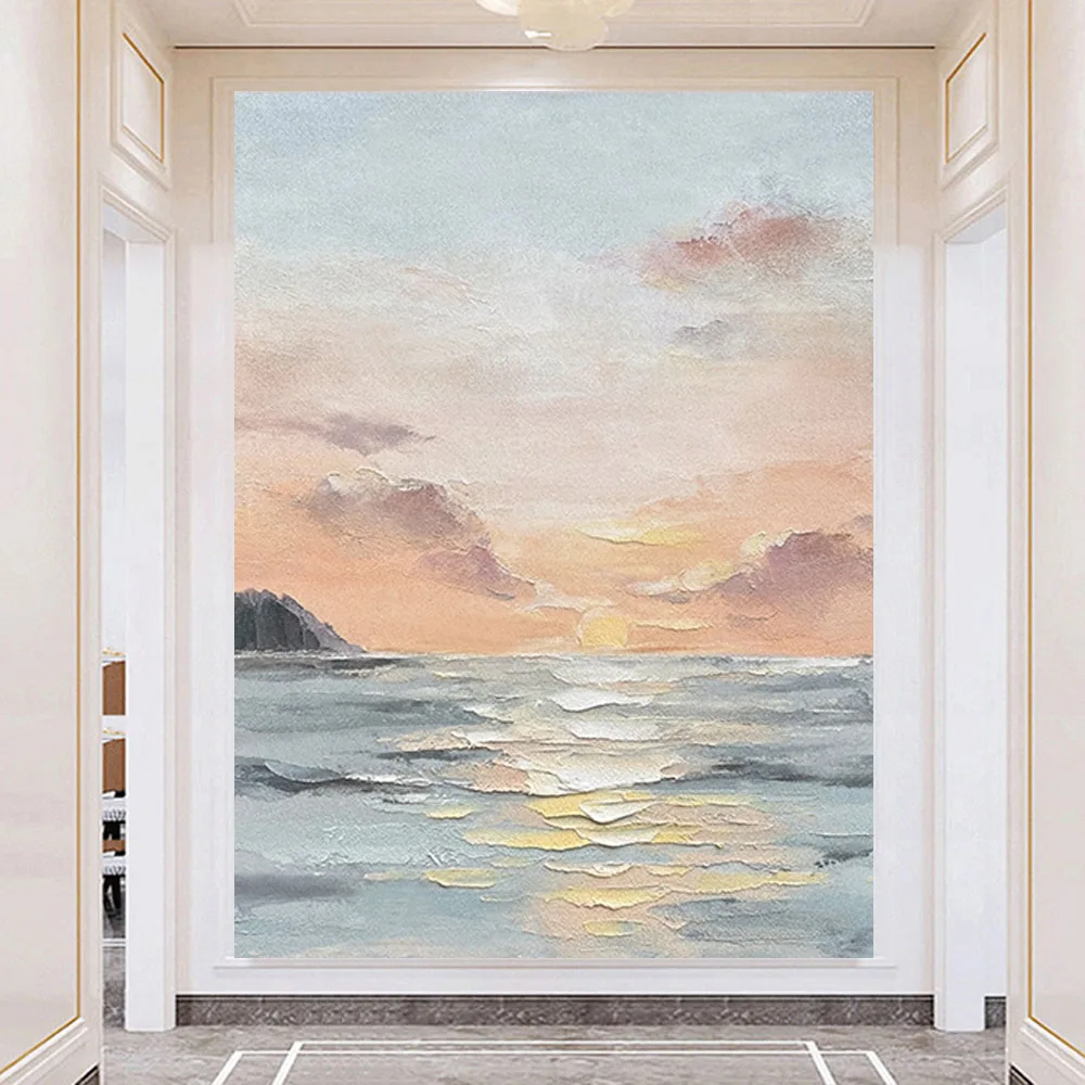 

Hot Sale Large Size Handmade Sunrise Seascape Beach Mountain Canvas Abstract Oil Painting Modern Fashion Home Decoration Wall Ar