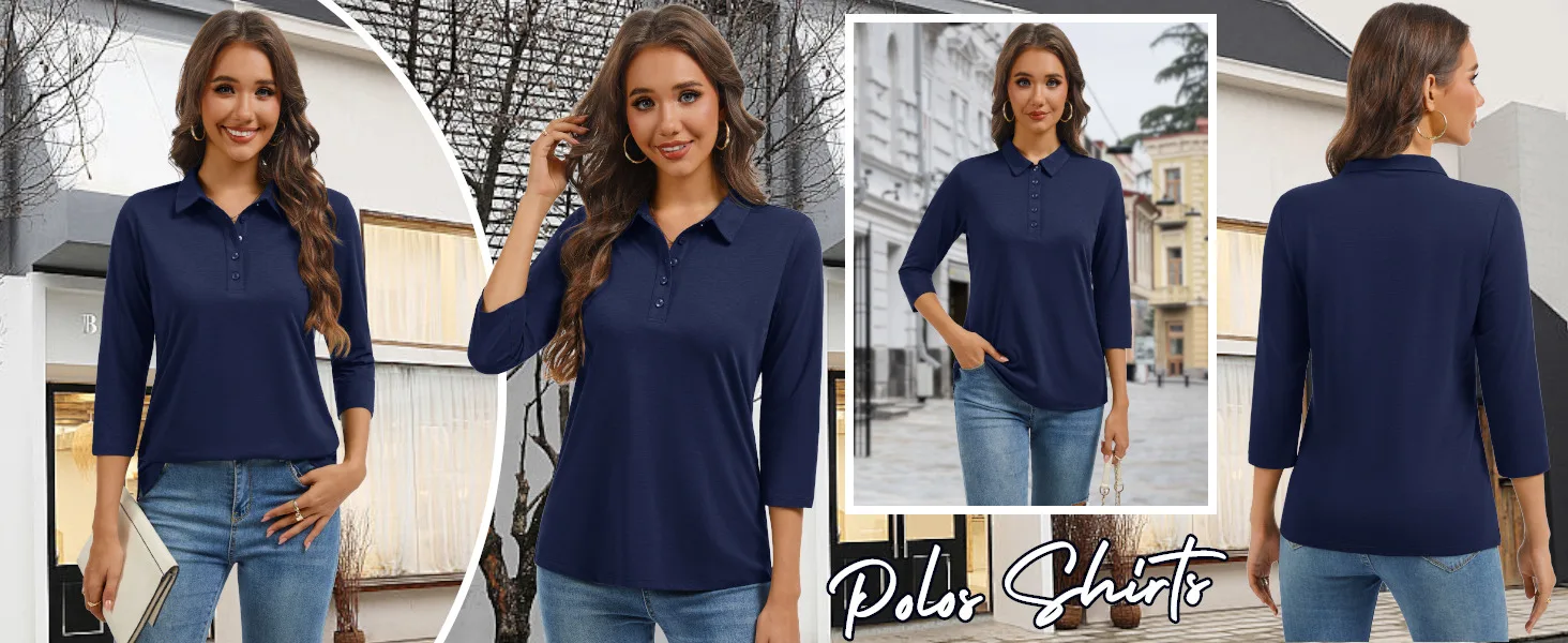 TACVASEN Women's 3/4 Sleeve Polo Shirts V Neck Collared Tops Cotton Blend Soft Golf Work Casual T-Shirts Casual Business Tops 10 S8a47a20a052c49bda06236b1d9658e93W