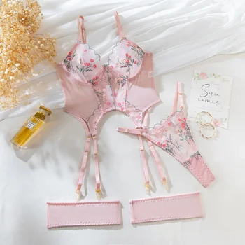 Floral Embroidered Bodysuit Lingerie Set 1