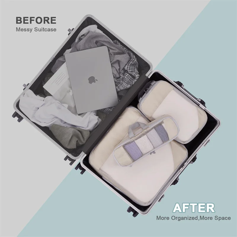 Breathable Mesh Travel Essentials Set, Compression Packaging Cube, Hand Luggage Organizer, Breathable, 0279B, 7Pcs 4