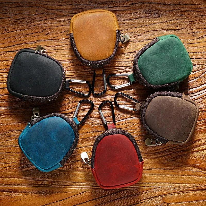 

2023 New Women's Mini Coin Purse Cowhide Leather Man Retro Money Key Wallet Zipper Shell Style Bag Headphone Case with Keychain