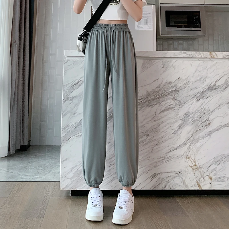 Women's Spring Autumn Elastic High Waisted Drawstring Casual Sports Pockets Solid Harlan Lantern Tie Trousers Sweet Pants