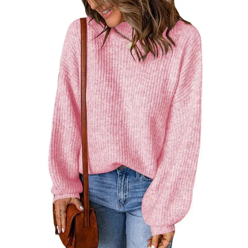

Women's Knitted Sweater Autumn Winter Solid Color Loose Mock Neck Pullover Sweater Women's Casual Lantern Sleeve O-Neck Sweater