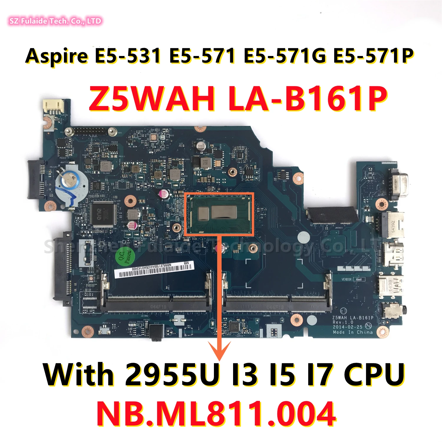 Placa-mãe Portátil para Acer Aspire Z5wah La-b161p E5531 E5-571 E5-571g E5-571p 2955u i3 i5 i7 Cpu Nb.ml811.004 Mainboard