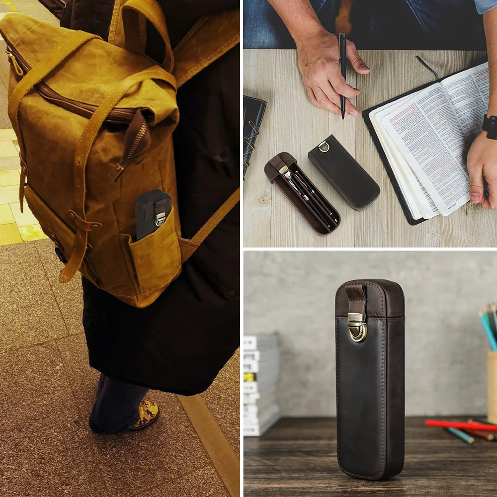 Pen Storage Bag Handmade Genuine Leather 3 Slot Pen Case Vintage Fountain Pen Holder Storage Pencil Box Office School Stationery Bag
