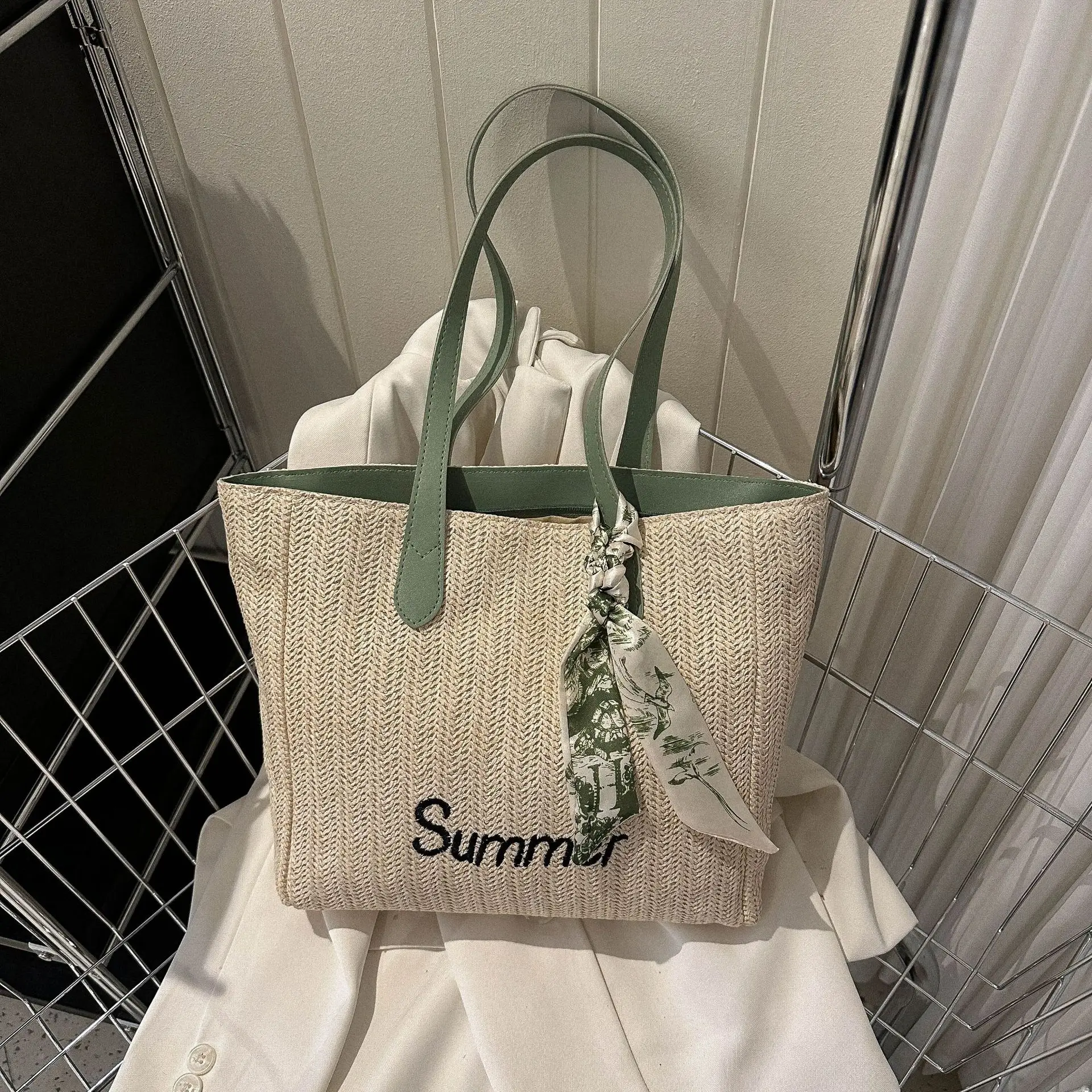 Bag Female 2023 Summer New Casual Large Capacity Braided One Shoulder Tote Bag Simple Silk Scarf Straw Beach Bag Designer Bag