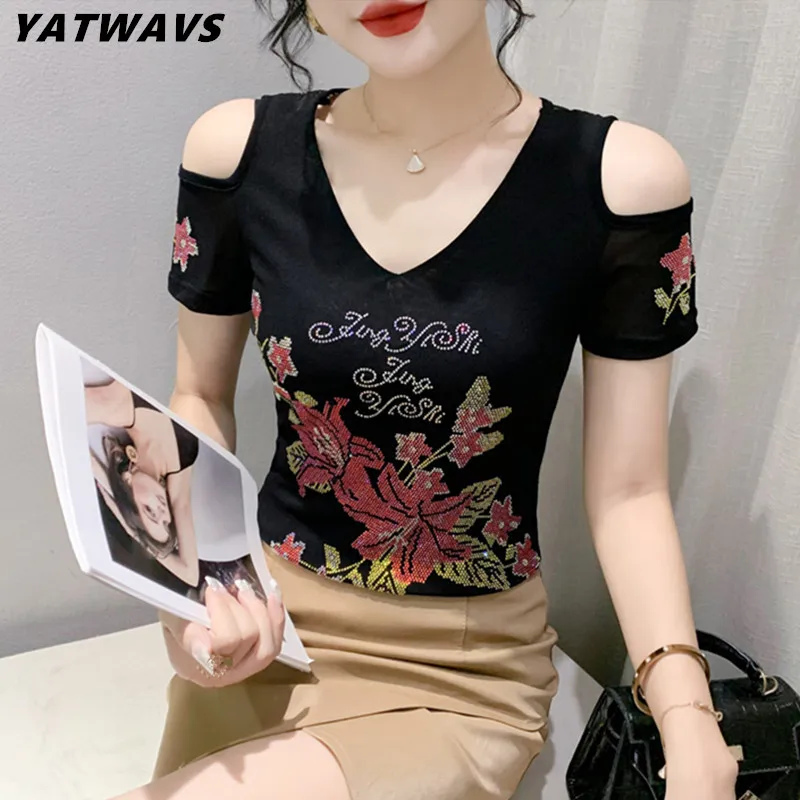 

Летняя модная уличная одежда, футболка, роскошная популярная двухслойная женская футболка со стразами, женская футболка с коротким рукавом, Новые Топы 2023