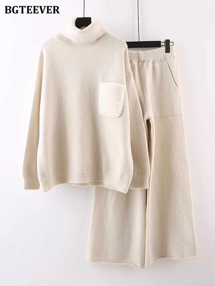 

BGTEEVER Winter Turtleneck 2 Pieces Women Knitted Set Long Sleeve Pullover & Elastic Waist Wide Leg Trouser Warm Sweater Outfits