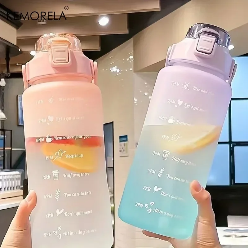 Large Capacity Sports Water Bottle with Straw and Time Marker