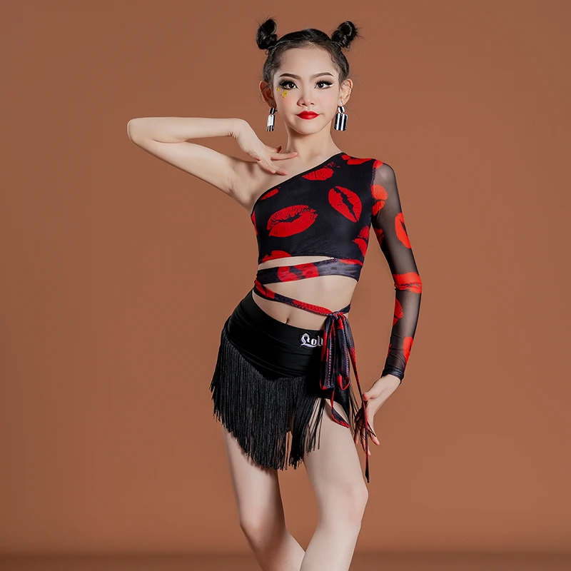Latin clothing, summer black dance dress, girls' high-end practice clothes, children's performance clothes, tight fringe skirt