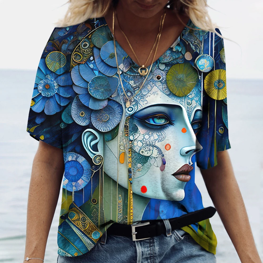 

3D Painting Face Women's T-shirt Basic Harajuku Tops Summer Casual Short Sleeve V-Neck Loose Streetwear Female Fashion Pullover