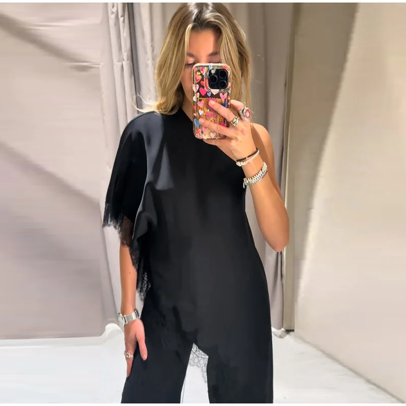 Solid Chic Loose Lace One Shoulder Top