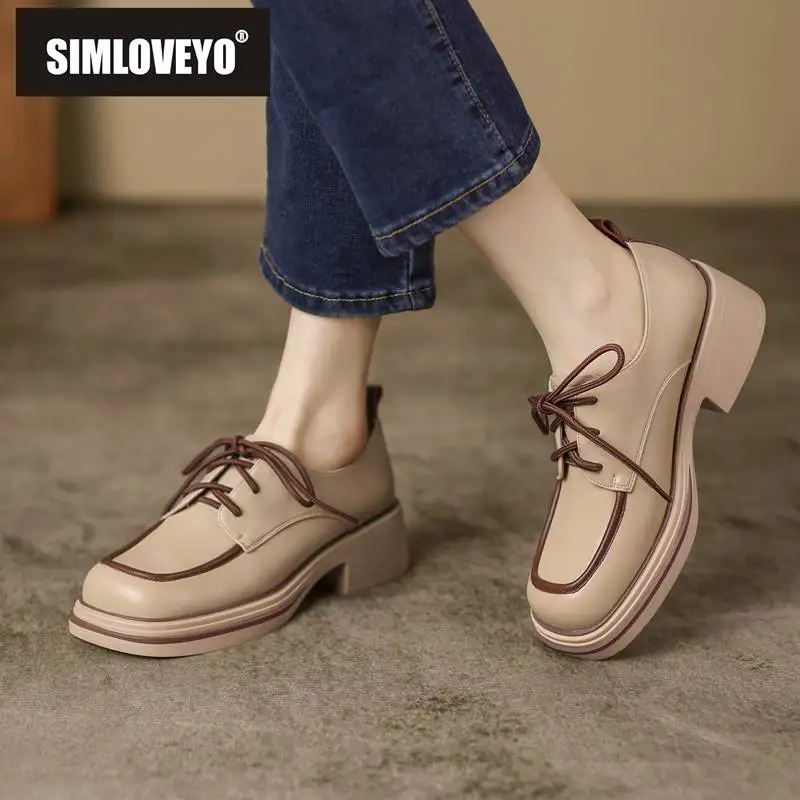 

SIMLOVEYO Ladies Pumps Cow Leather Thick Heels 5cm Platform Lace Up Square Toe Leisure Female Shoes Mixed Color Small Size 33