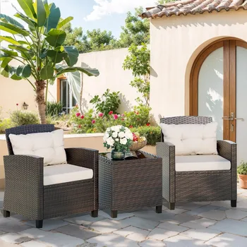 3 Piece Patio Furniture Set, Small Outdoor Wicker Rattan Front Porch Bistro Set, Patio Chairs Set with Glass Table 1