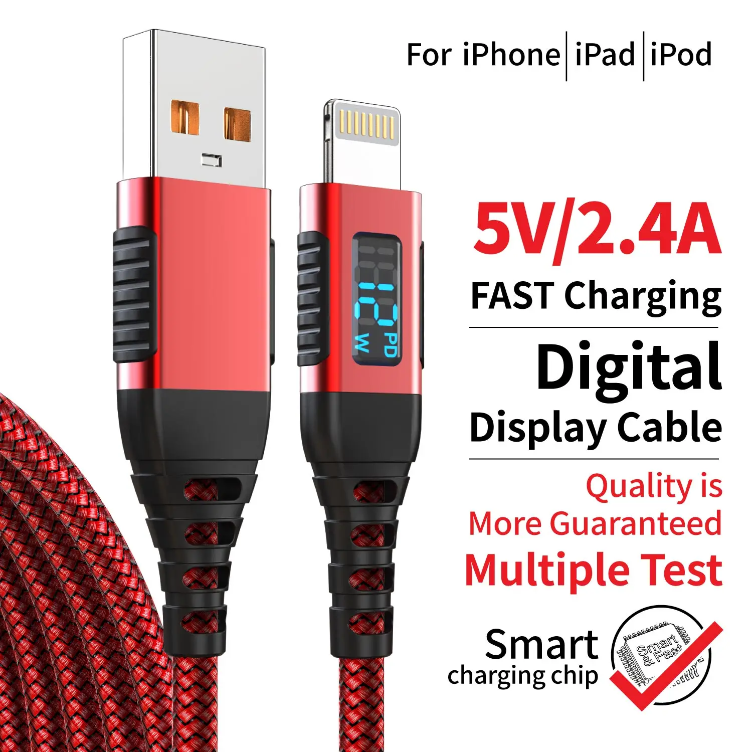 Premium USB-A to Lightning Fast Charging Cable with Digital Display - MFi Certified Nylon Braided, 2m/6.6ft