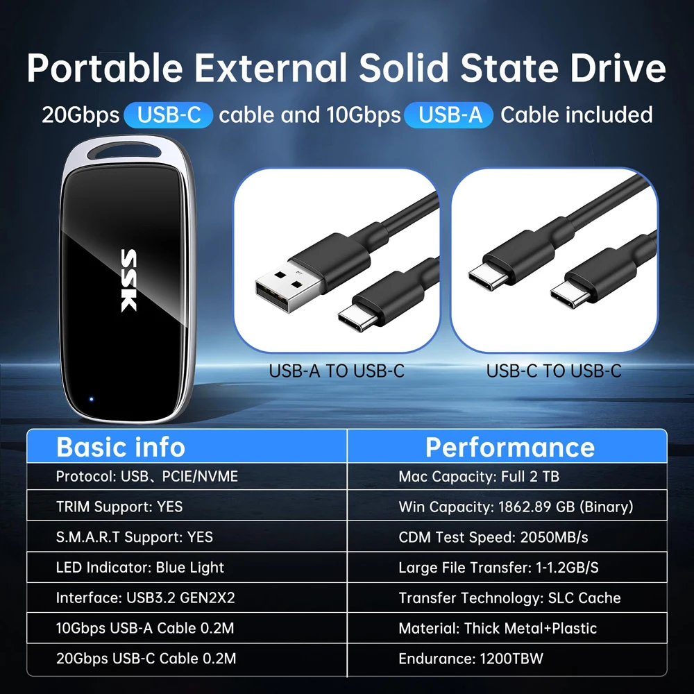 SSK 외장 하드 드라이브 휴대용 SSD 드라이브 최대 2000MB/s USB 3.2 외장 솔리드 스테이트 드라이브 (아이폰, 맥, 노트북용, LED 포함)