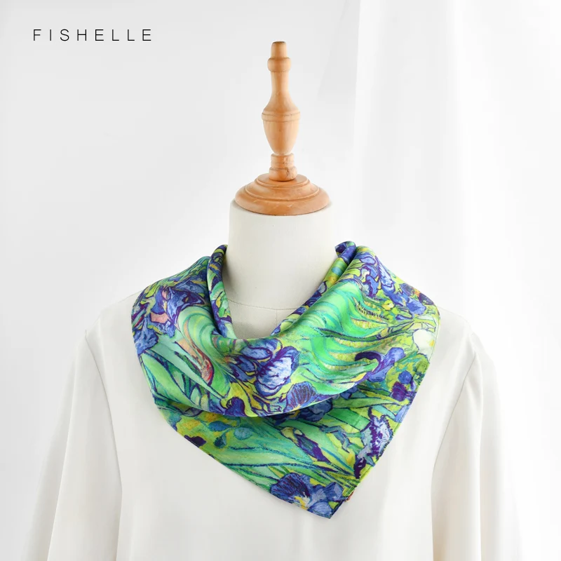 Oil Painting Iris printed natural silk scarf for women 100% real silk scarves small 50cm square soft handkerchief gift for lady 4