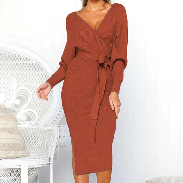 Knitted Sweater Dress Women Wrap Belted Tunic Midi Vestidos Long Sleeve V Neck Split Casual Autumn Winter Office Lady Dresses 1