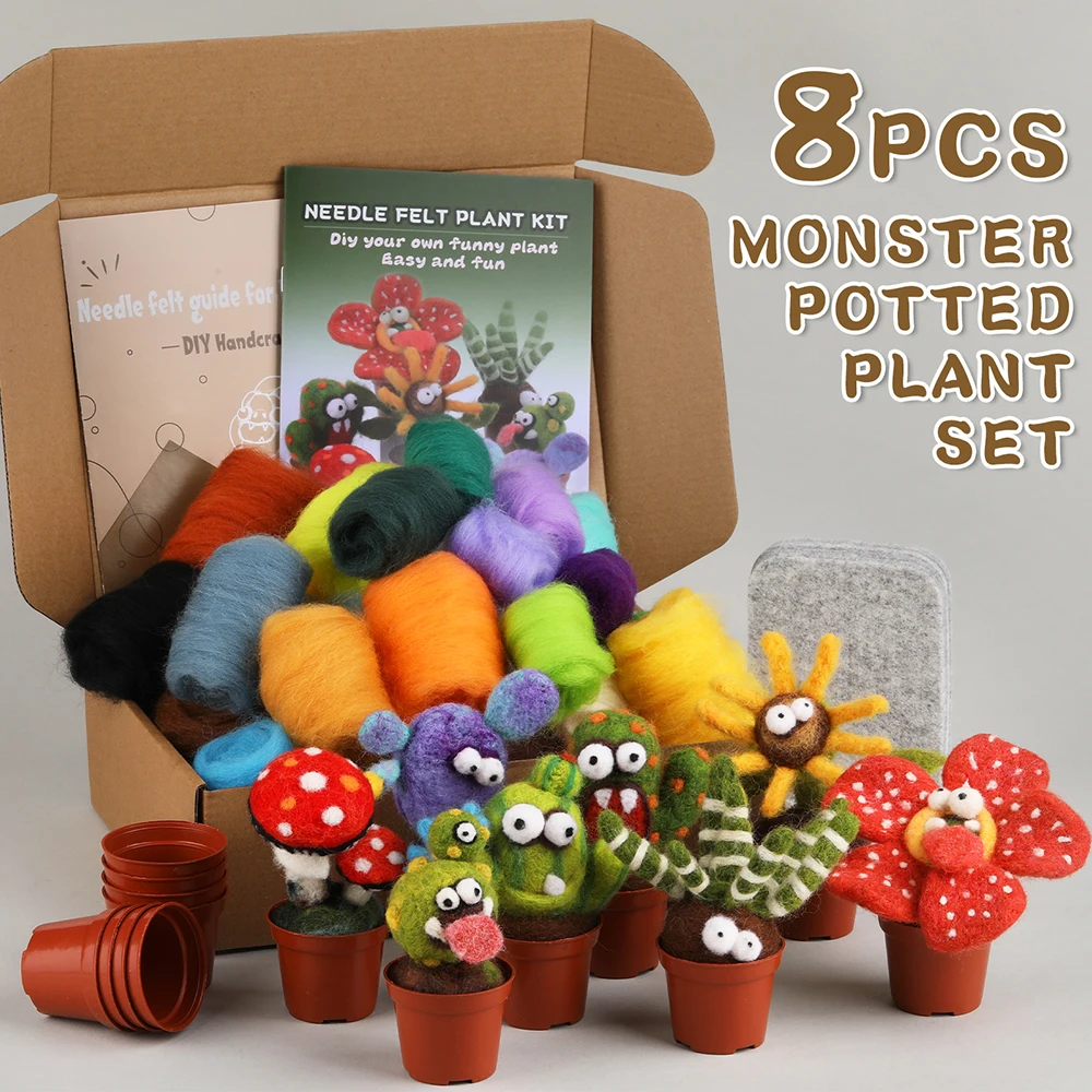 Wool Needle Felting Starter Kit Felt Plant Flowerlower Monster Team Kit for Beginner with DIY Needle Felting Supplies and Instru
