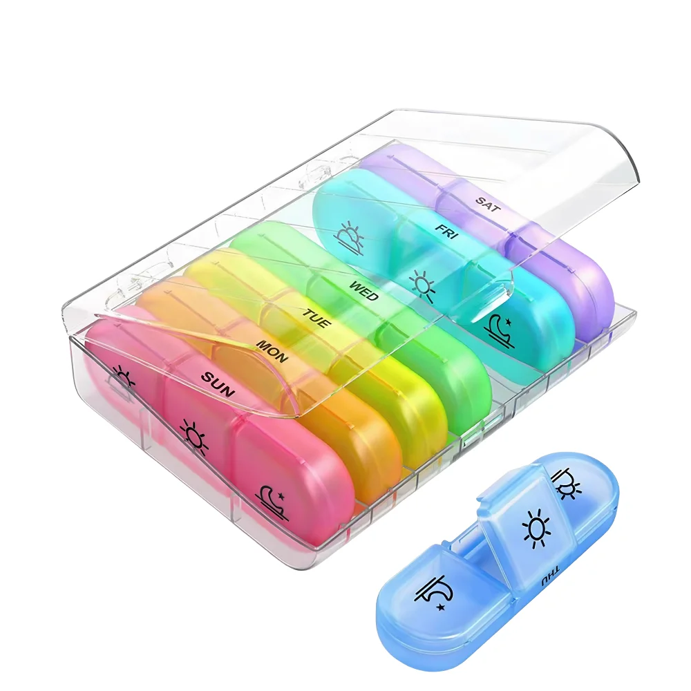 Vibrant 7-Day Pill Organizer with 21 Compartments - Portable and Durable Plastic Case