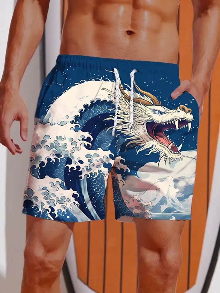 2024 Summer 3D Printed Ukiyo-E Fierce Dragon Printing Shorts Men's Board Shorts Swim Trunks Drawstring Breathable Short 2