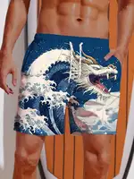2024 Summer 3D Printed Ukiyo-E Fierce Dragon Printing Shorts Men's Board Shorts Swim Trunks Drawstring Breathable Short 2
