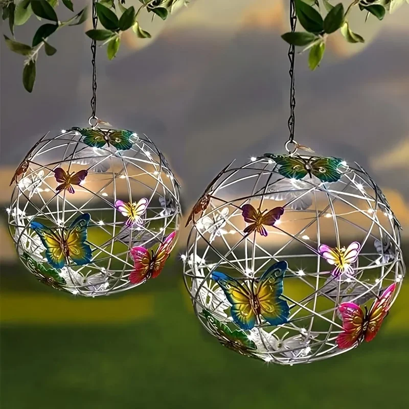 Outdoor Solar Ball Light with Butterfly LIght Decorative Hanging Lamp LED Waterproof Garden Hanging Light Yard Decoration Night