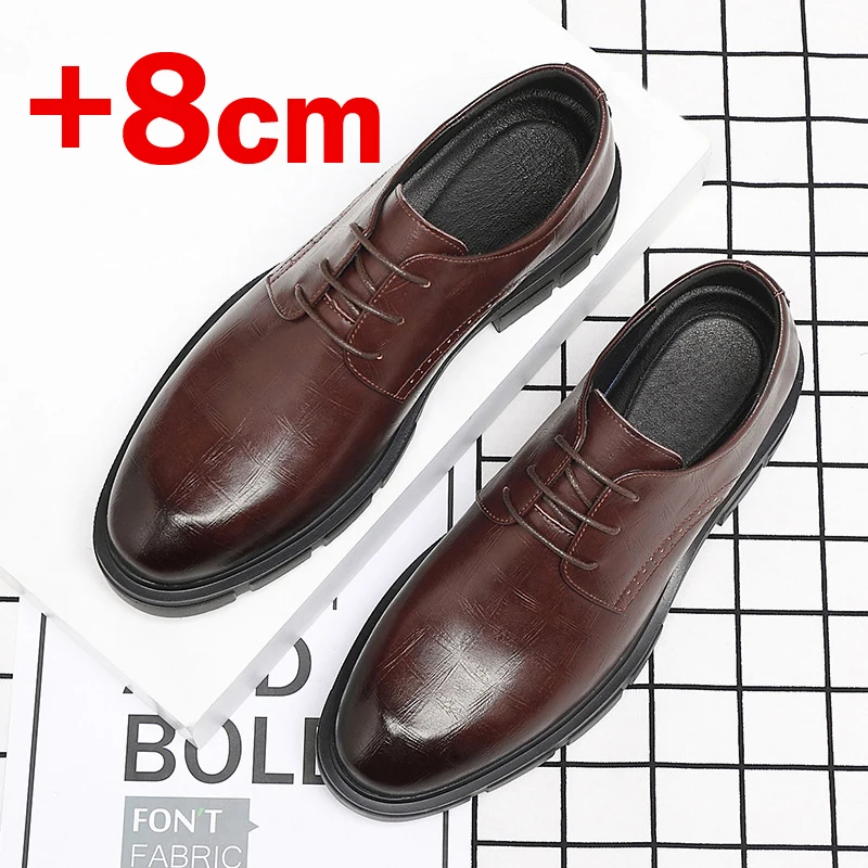 New Men Hollow Summer Platform High Heel 5/8/10 CM Height Growth Formal Men Derby Leather Shoes Man Wedding Dress Shoes Elevator