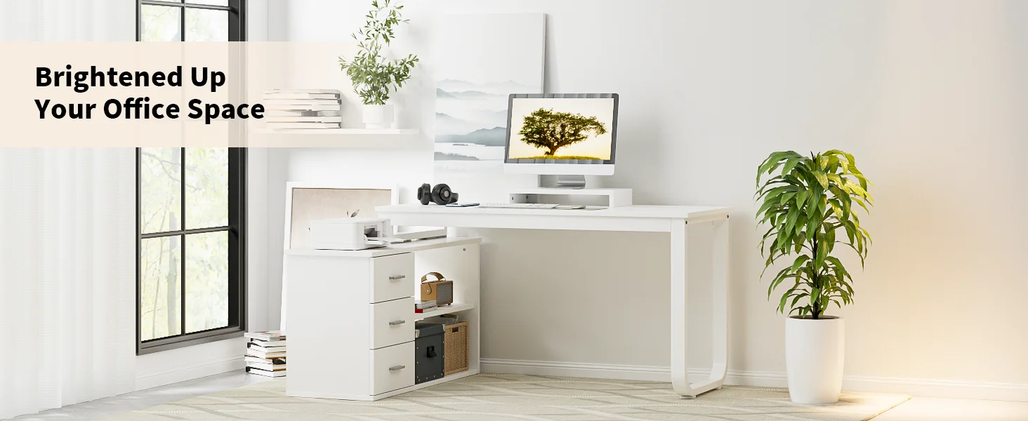 White L Shaped Desk with 3 Storage Drawers