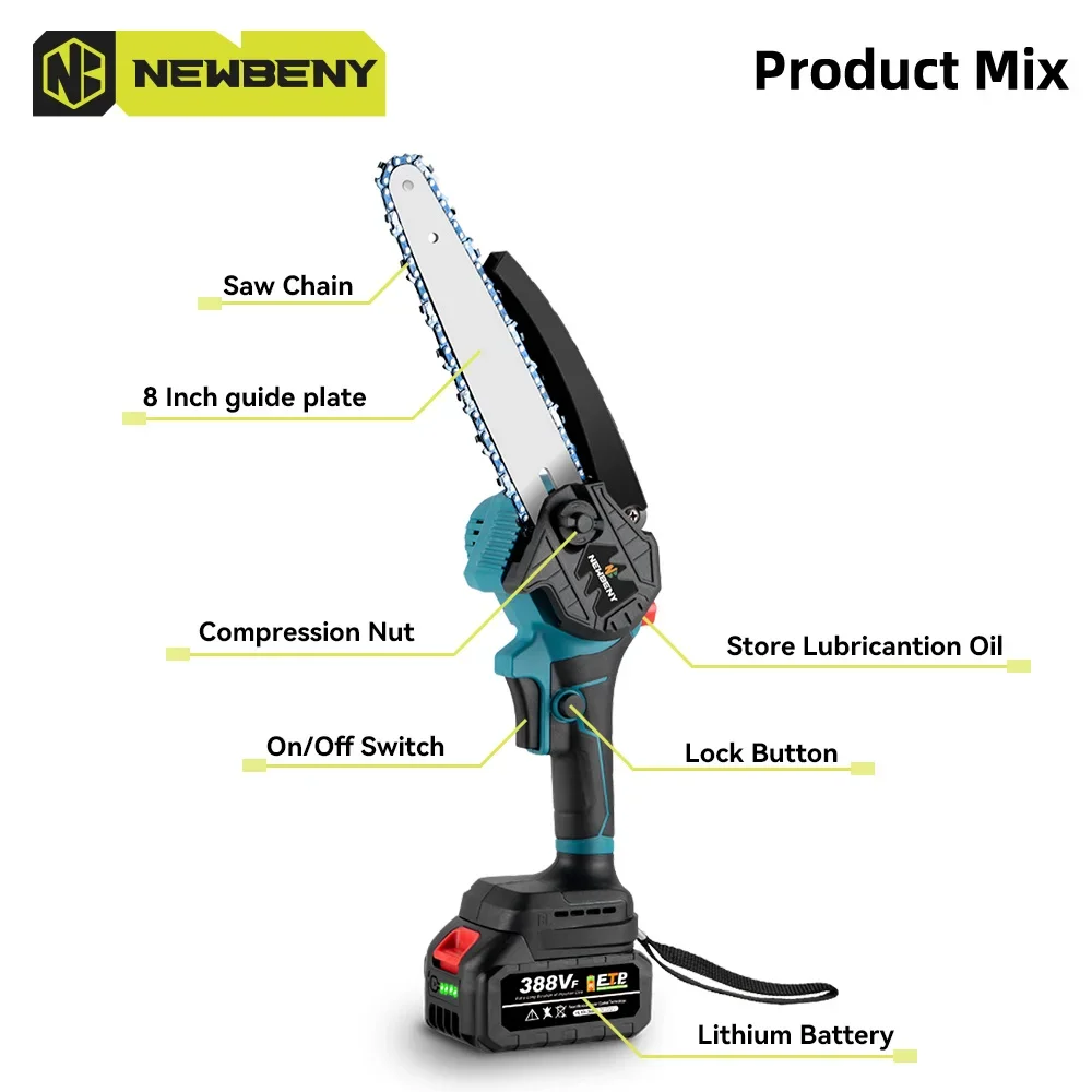 NEWBENY 8 Inch Brushless Cordless Oil Electric Chain Saw Handheld Rechargeable Woodworking Cutting Tool For Makita 18V Battery 2