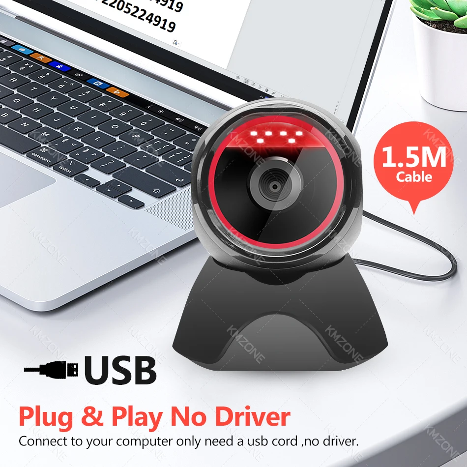 데스크톱 2D QR 바코드 스캐너, 전 방향 핸즈프리 유선 USB 대형 바코드 리더, 1D QR 스크린, 상점용 바코드 스캐닝