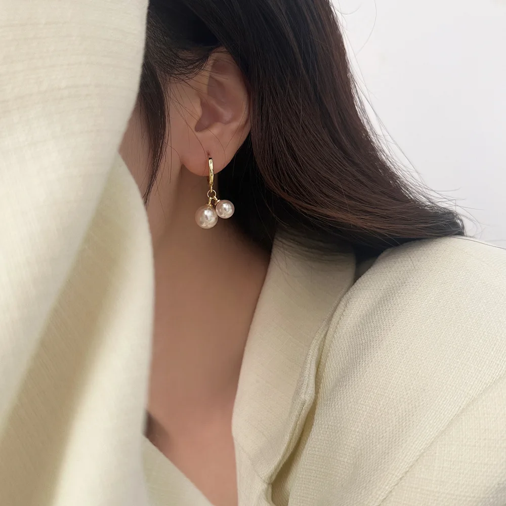 Elegant Temperament Double Round Imitation Pearl Hoop Earrings for Women Thin Circle Huggies Ear Ring Fashion Jewelry 2025 Aros