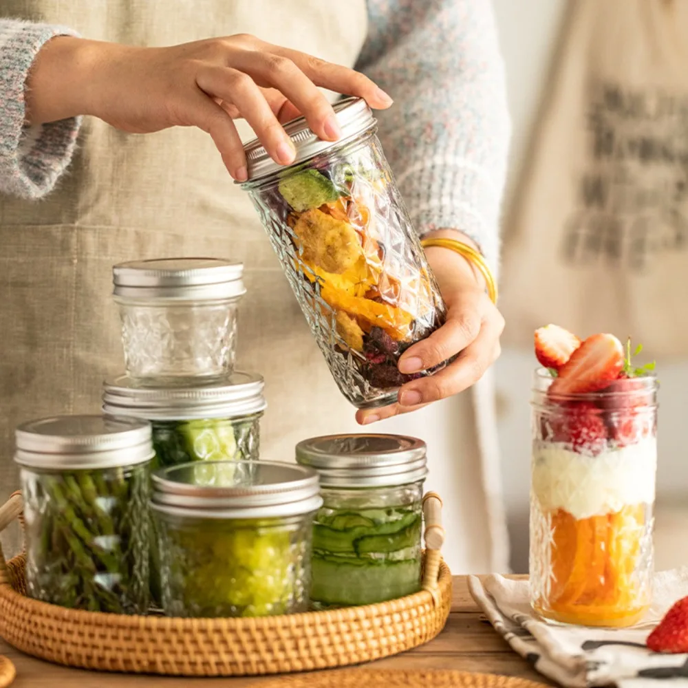 120ml-650ml Transparent Glass Sealed Bottle Mason Jar Diamond Pattern Jam Juice Bottle Labelable Seal Bottle Kitchen Tool 2