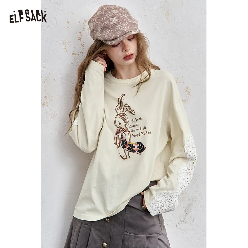 ELFSACK 2025 Women's Casual Loose Fit round Neck Long Sleeve Tee Rabbit Print New Autumn Arrival 1