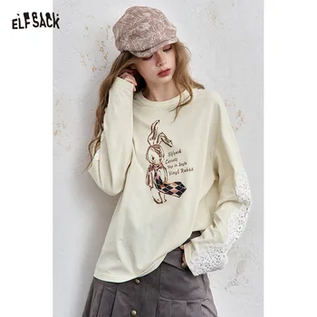 ELFSACK 2025 Women's Casual Loose Fit round Neck Long Sleeve Tee Rabbit Print New Autumn Arrival 1