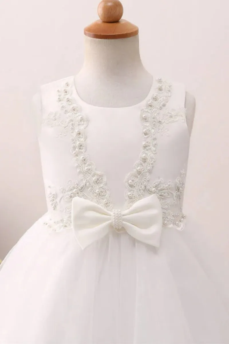 

White Flower Girl Dress Flory Patterned Pearls Top With Bow Fit Wedding Party Birthday First Communion Gowns
